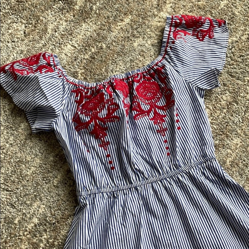 Chic Striped Dress with Red Embroidery